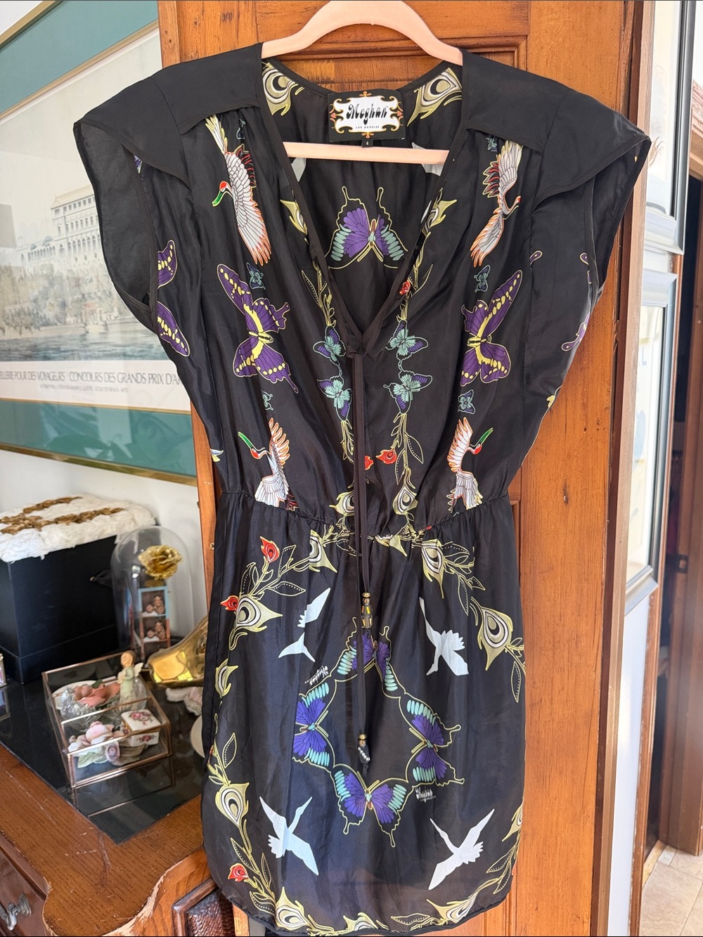 Meghan LA Black Mini Dress with Purple, White & Red Nature Print